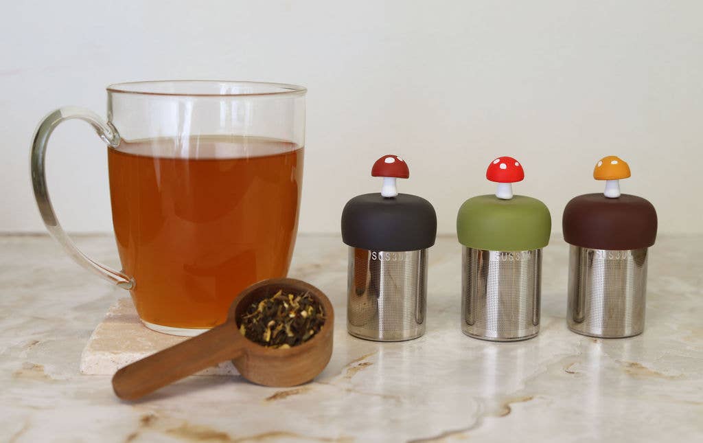 Mushroom | Floating Tea Steeper | Brown Base | Yellow: Forest Brown / Goldenrod Yellow Mushroom