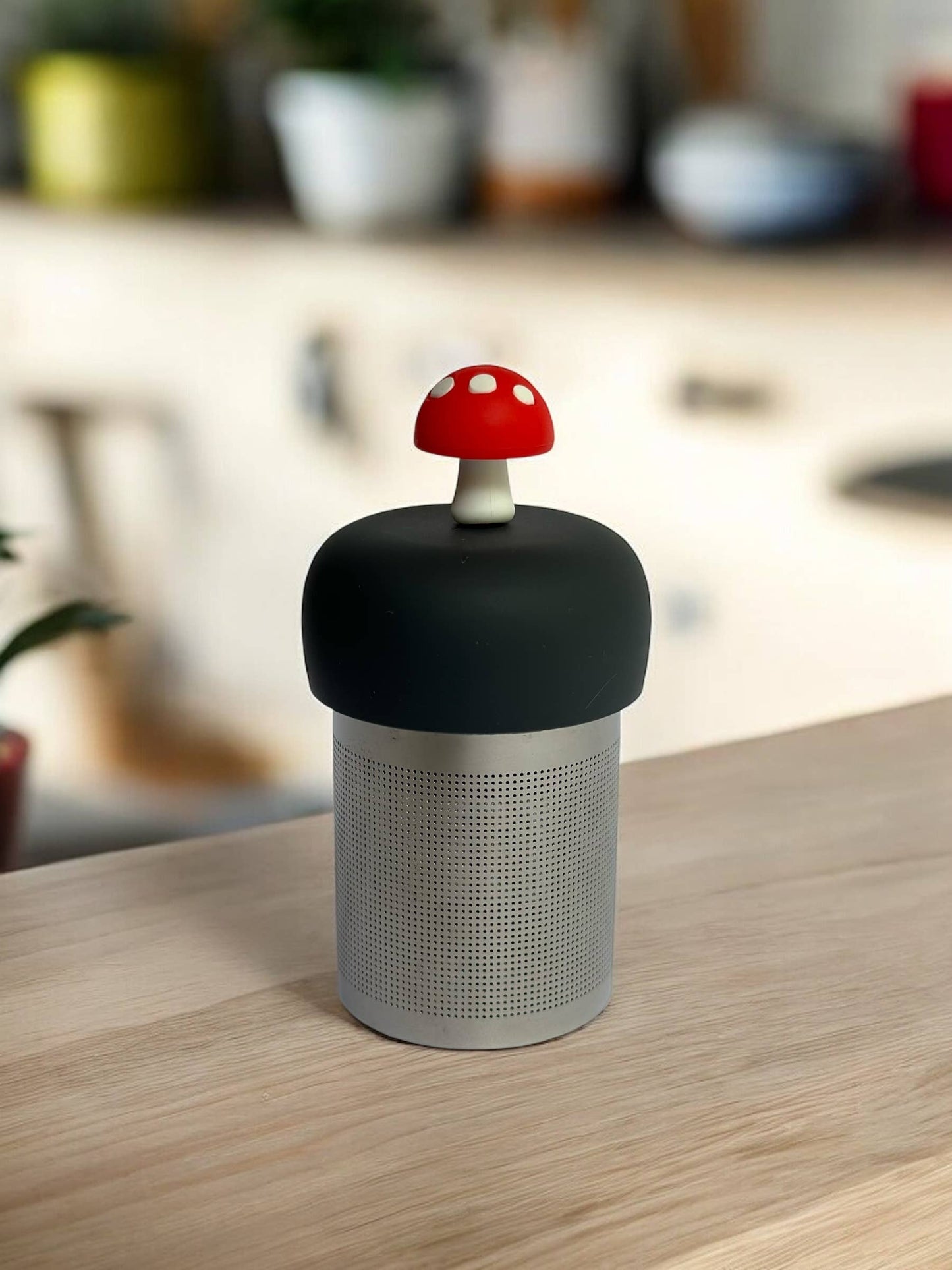 Mushroom | Floating Tea Steeper | Grey Base | Red: Charcoal Grey / Candy Apple Red Mushroom